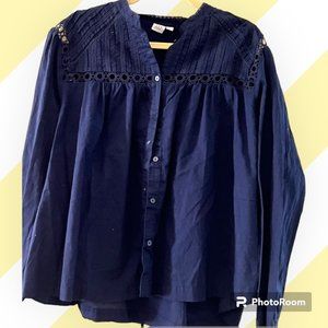 GAP Women- Navy Embroidered, Button-Up Long Sleeve Blouse XXL (fits like XL)
